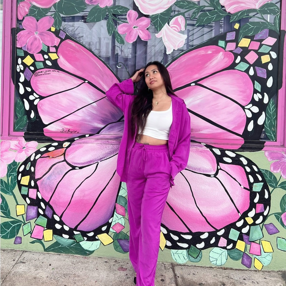 Purple ahirt and pants